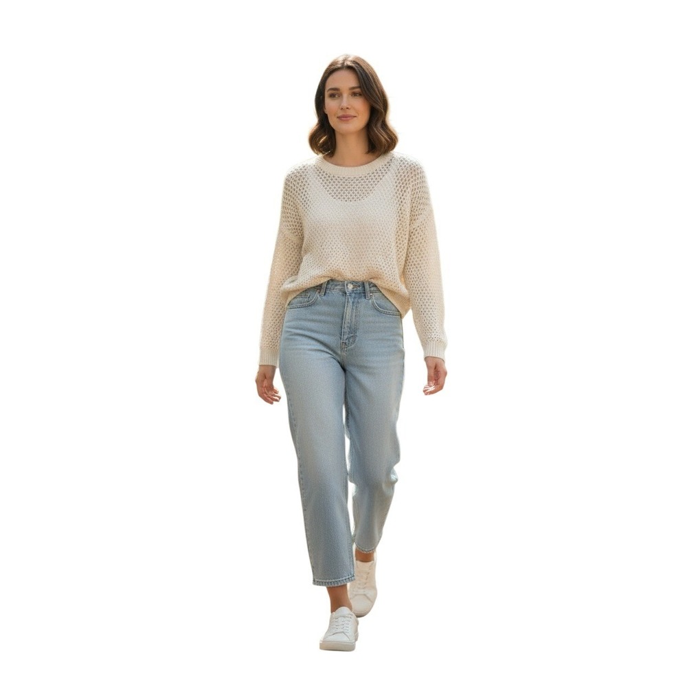 KOTN Beige Knit Sweater Mesh Open Weave Crew Neck Long Sleeve Size M - MSRP $158
